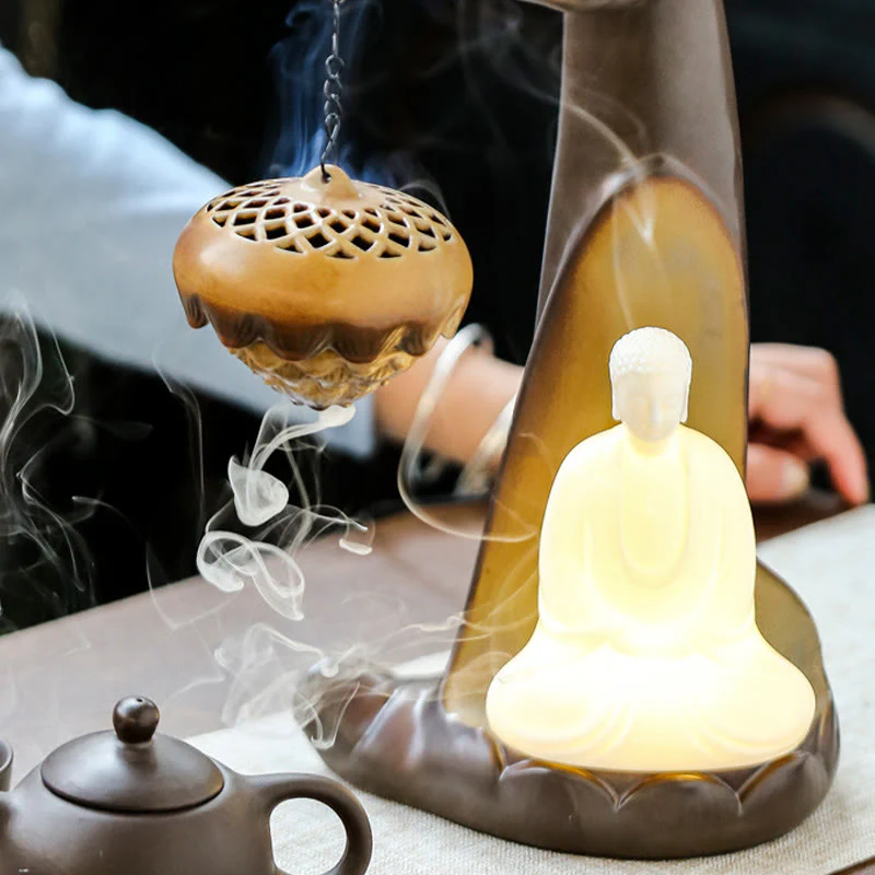 Buddha Stones a LED Buddha Hand Backflow Fumo Fontana Guarigione Bastoncino di Ceramica Bruciatore di Incenso Decorazione - Image 7