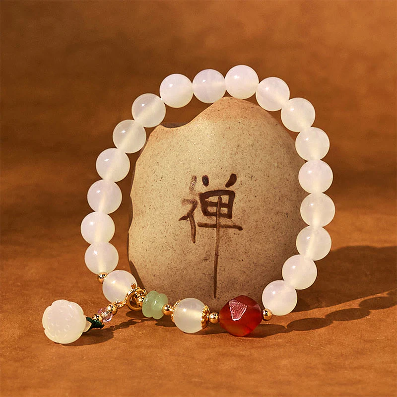 Buddha Stones Agata bianca Agata rossa Braccialetto portafortuna con baccello di loto - Image 5