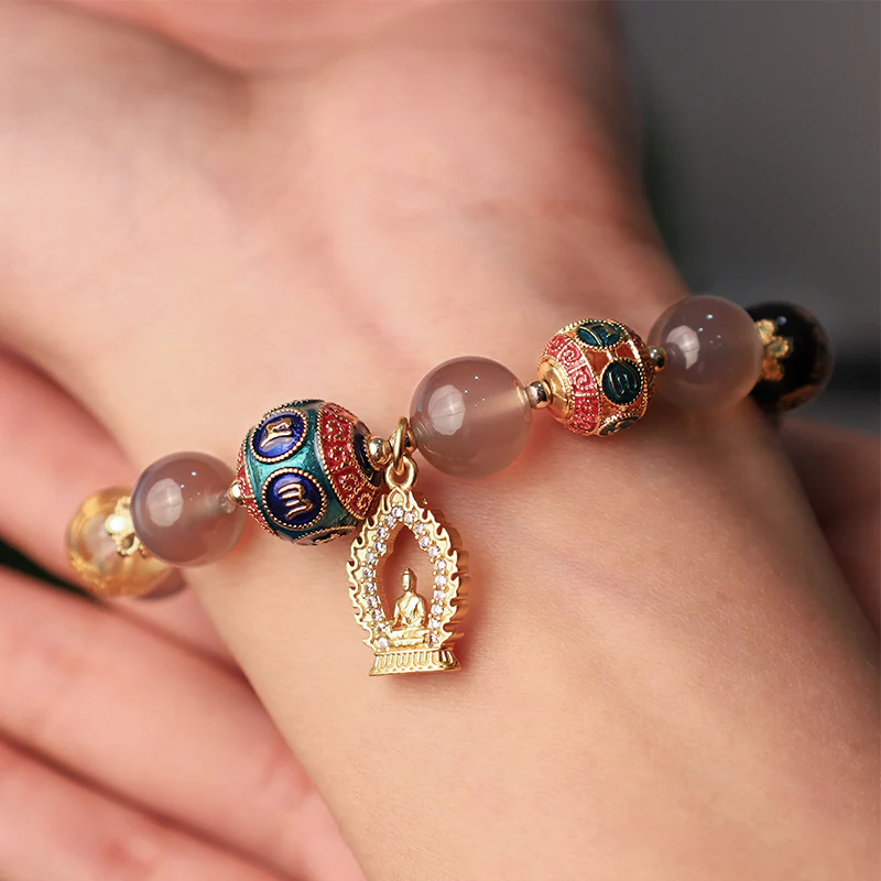 Buddha Stones Agata grigia naturale Cinque direzioni Dei della ricchezza Om Mani Padme Hum Bracciale con ciondolo Buddha - Image 3