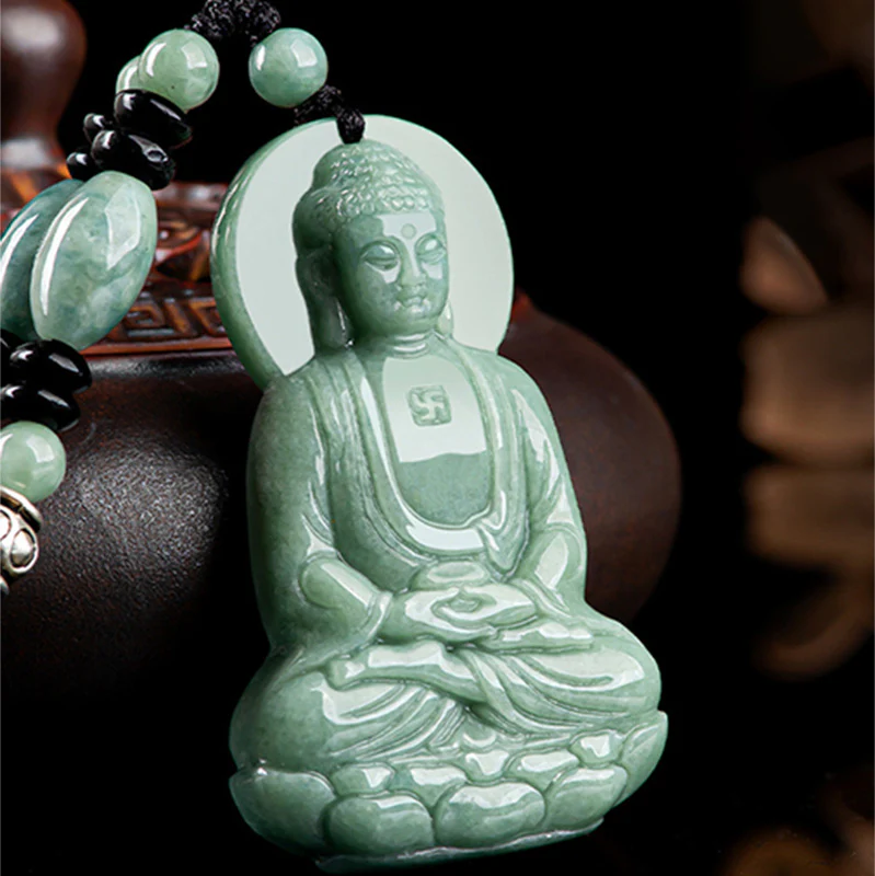 Buddha Stones Amitabha Buddha Amuleto di Giada Collana di Corda della Compassione - Image 2