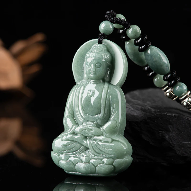 Buddha Stones Amitabha Buddha Amuleto di Giada Collana di Corda della Compassione - Image 5
