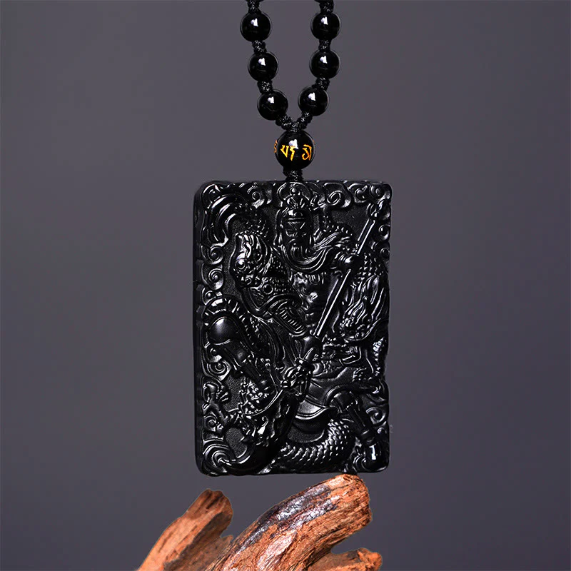 Buddha Stones Amuleto Guan Gong Ossidiana Nera Inciso Forza Collana Pendente - Image 3