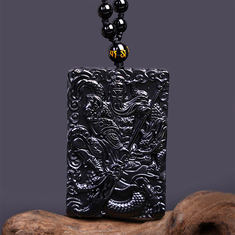 Buddha Stones Amuleto Guan Gong Ossidiana Nera Inciso Forza Collana Pendente - Image 4