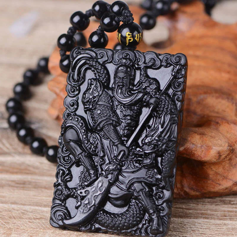 Buddha Stones Amuleto Guan Gong Ossidiana Nera Inciso Forza Collana Pendente - Image 7