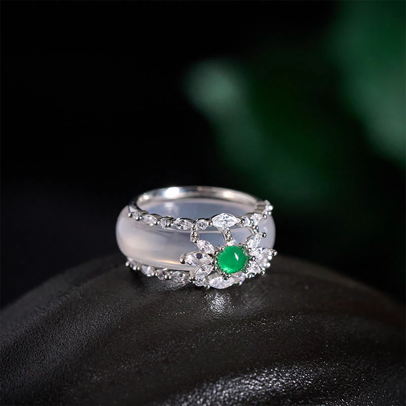 Buddha Stones Anello con fiore di calcedonio e zircone verde, positivo - Image 9