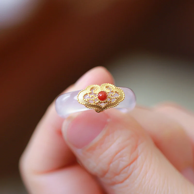 Buddha Stones Anello di protezione dalla fortuna in agata bianca, giada ciano, turchese, agata rossa - Image 12