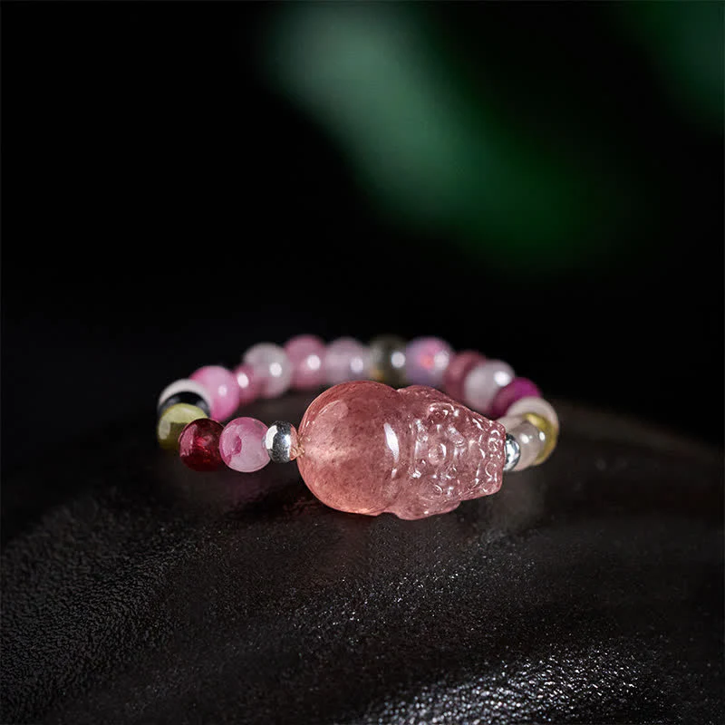 Buddha Stones Anello elastico curativo PiXiu con mini perline da 3 mm in pietra di luna naturale, tormalina, granato, perla, quarzo fragola. - Image 17