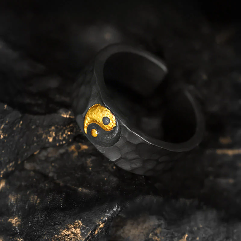 Buddha Stones Anello in argento sterling 999 e oro 999 con motivo Yin Yang e bilanciamento strutturato, fatto a mano - Image 2