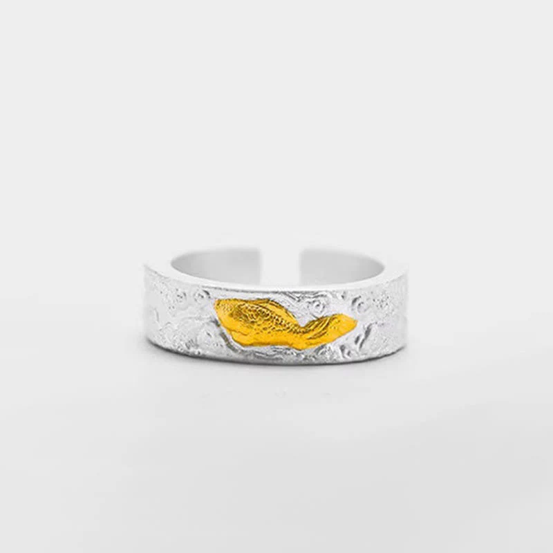 Buddha Stones Anello portafortuna con pesce koi in argento sterling 999 e oro 999, nuvole di buon auspicio - Image 8