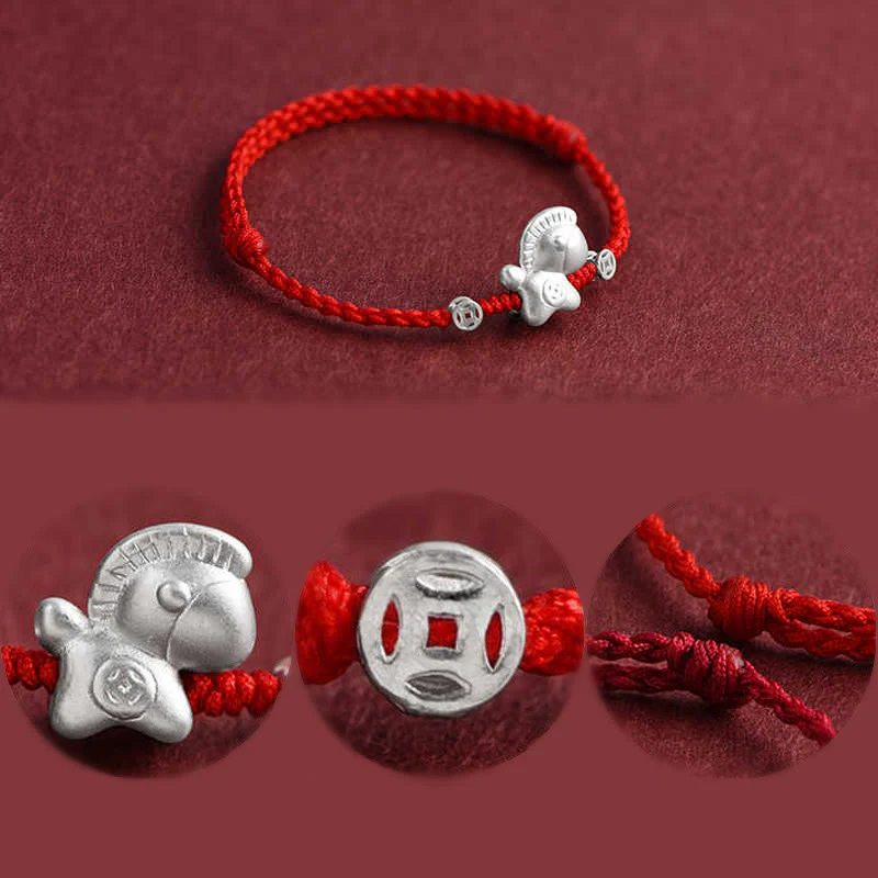 Buddha Stones Anno del Cavallo Argento Sterling 999 Monete di Rame Corda della Fortuna Braccialetto Intrecciato Cavigliera - Image 16
