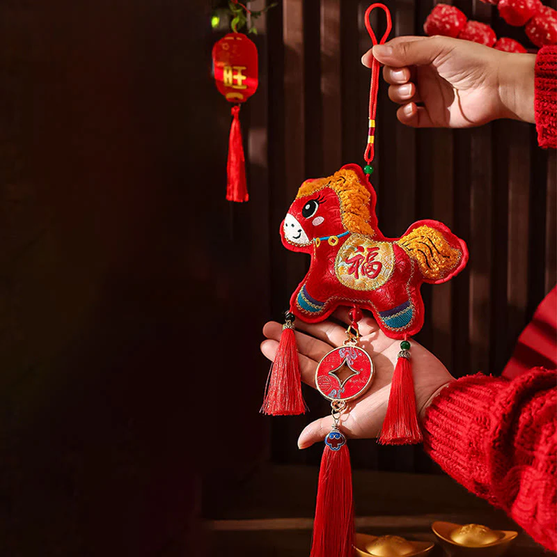 Ricamo Buddha Stones, anno del cavallo, carattere Fu, forma di moneta di rame, decorazione da appendere con filo rosso - Image 2