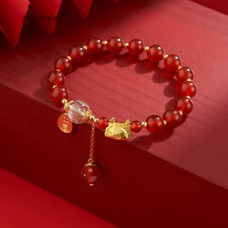 Buddha Stones Anno del Drago Gnocco Agata Rossa Naturale Granato Giada Hetian Fu Carattere Braccialetto Fortuna Successo