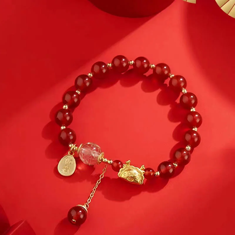 Buddha Stones Anno del Drago Gnocco Agata Rossa Naturale Granato Giada Hetian Fu Carattere Braccialetto Fortuna Successo - Image 3