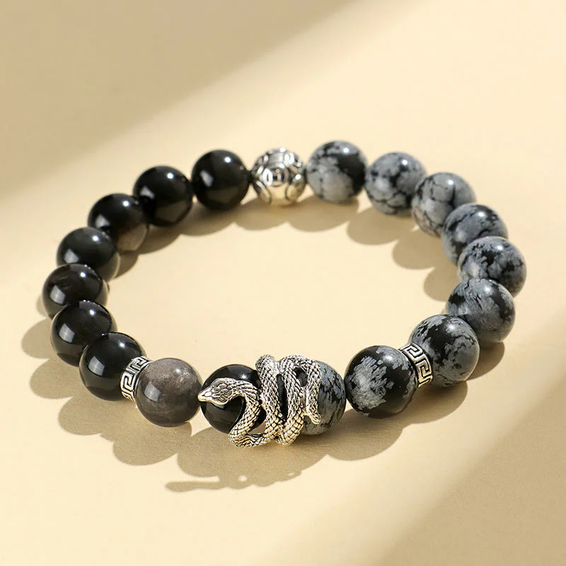 Buddha Stones Argento Naturale Lucente Ossidiana Turchese Bianco Diaspro Grigio Ossidiana Fiocco di Neve Braccialetto di Protezione dell'Anno del Serpente - Image 13