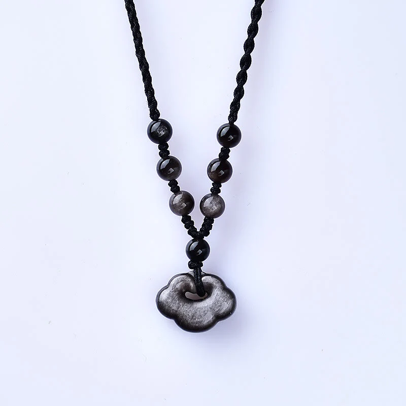 Buddha Stones Argento Naturale Lucentezza Ossidiana Nuvole di Buon Auspicio Protezione Collana Pendente Lenitivo - Image 3