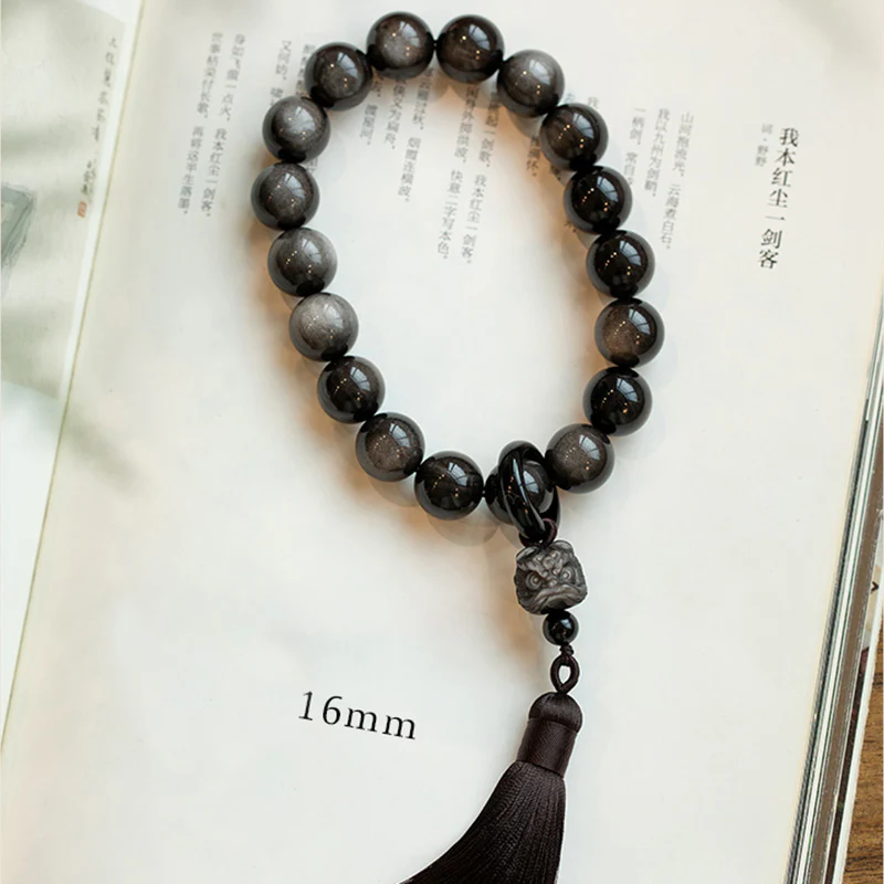 Buddha Stones Argento naturale Ossidiana lucida Ossidiana nera Leone Mala da polso Protezione Nappe Mala tascabile Decorazione per auto - Image 11