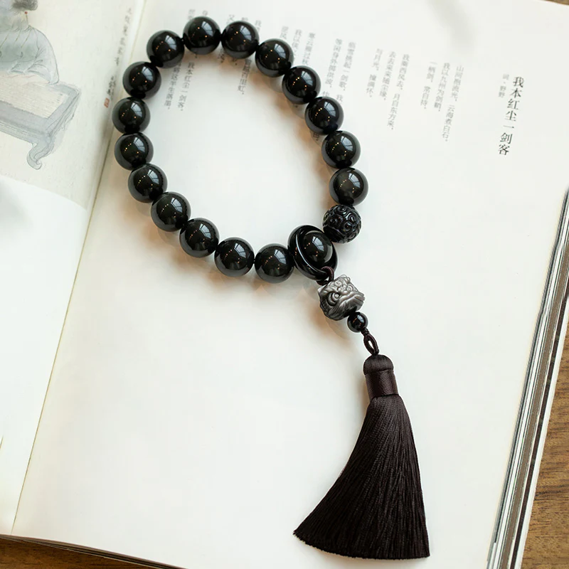 Buddha Stones Argento naturale Ossidiana lucida Ossidiana nera Leone Mala da polso Protezione Nappe Mala tascabile Decorazione per auto - Image 13