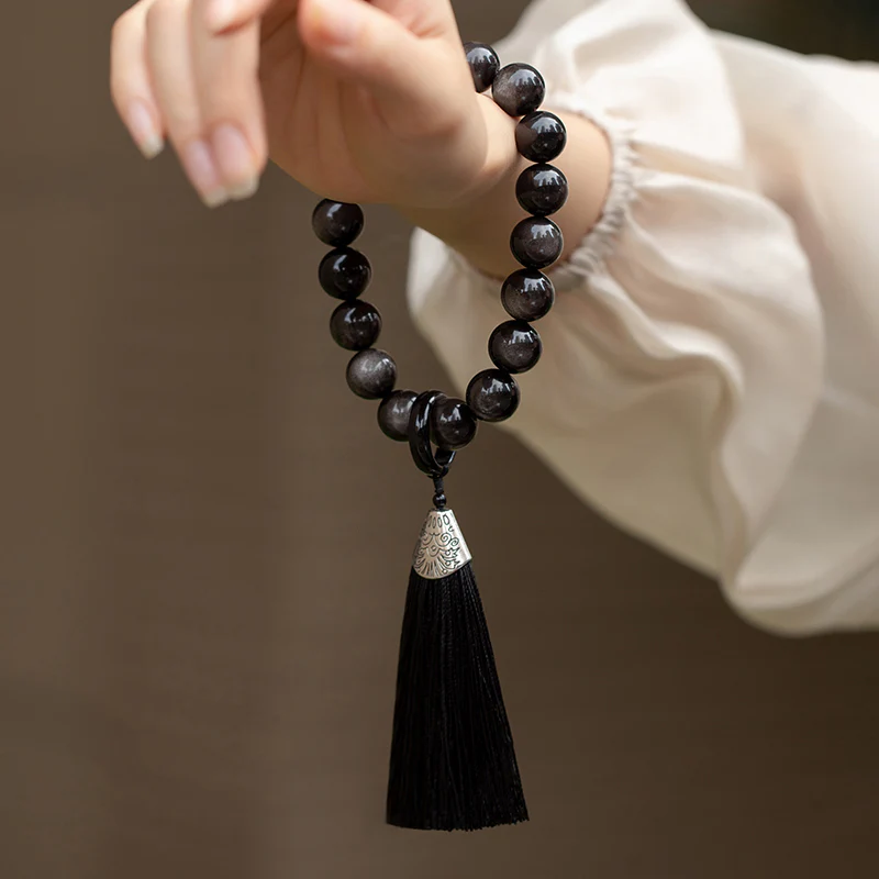 Buddha Stones Argento naturale Ossidiana lucida Ossidiana nera Leone Mala da polso Protezione Nappe Mala tascabile Decorazione per auto - Image 3