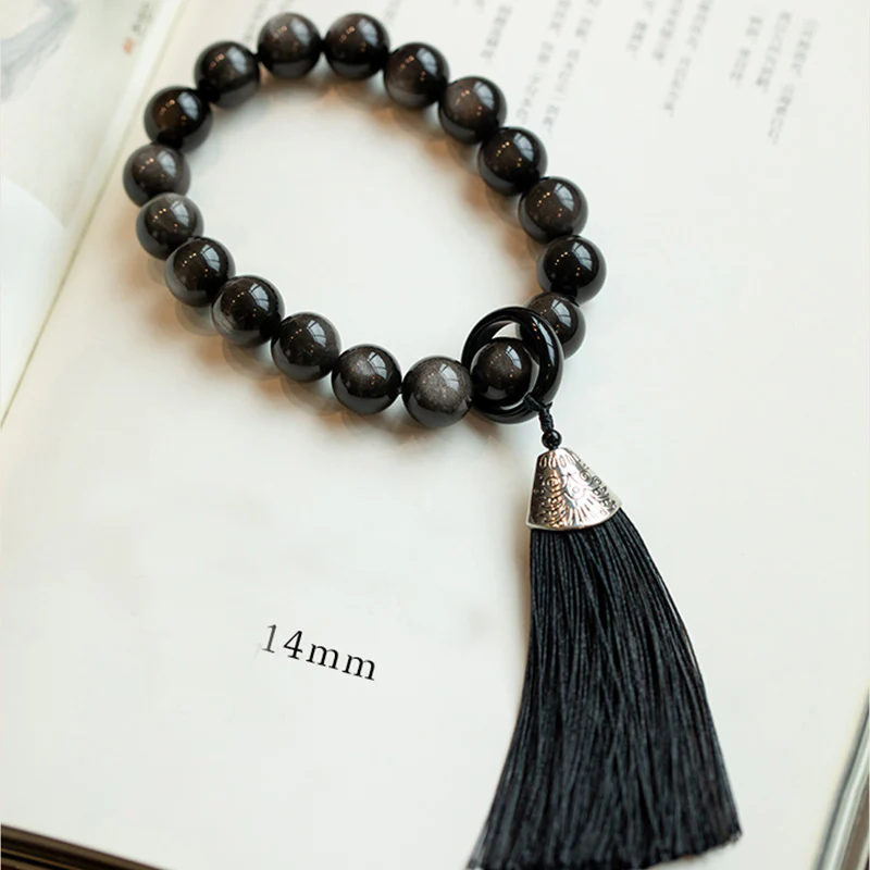 Buddha Stones Argento naturale Ossidiana lucida Ossidiana nera Leone Mala da polso Protezione Nappe Mala tascabile Decorazione per auto - Image 5