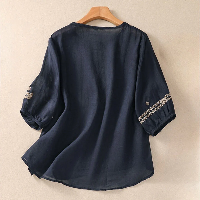 Buddha Stones Artistic Plain Floral Ricamato Design Girocollo Manica Corta a Sbuffo Cotone Lino T-shirt da Donna - Image 2