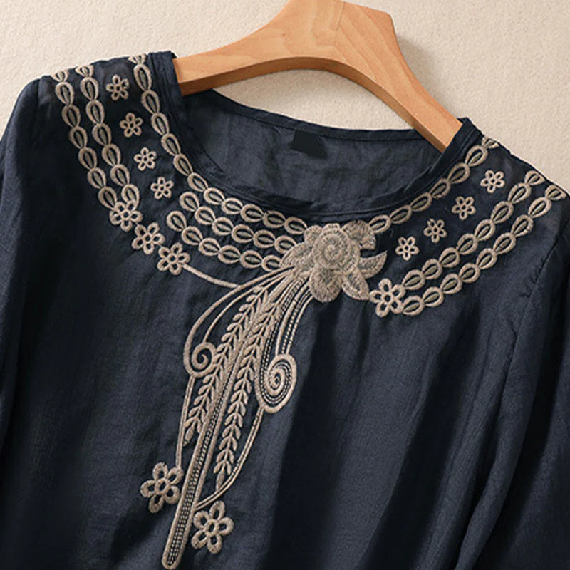 Buddha Stones Artistic Plain Floral Ricamato Design Girocollo Manica Corta a Sbuffo Cotone Lino T-shirt da Donna - Image 3
