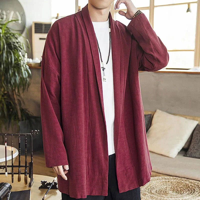 Buddha Stones Autunno Semplice Casual Cotone Lino Uomo Cappotto di media lunghezza Abbigliamento - Image 4