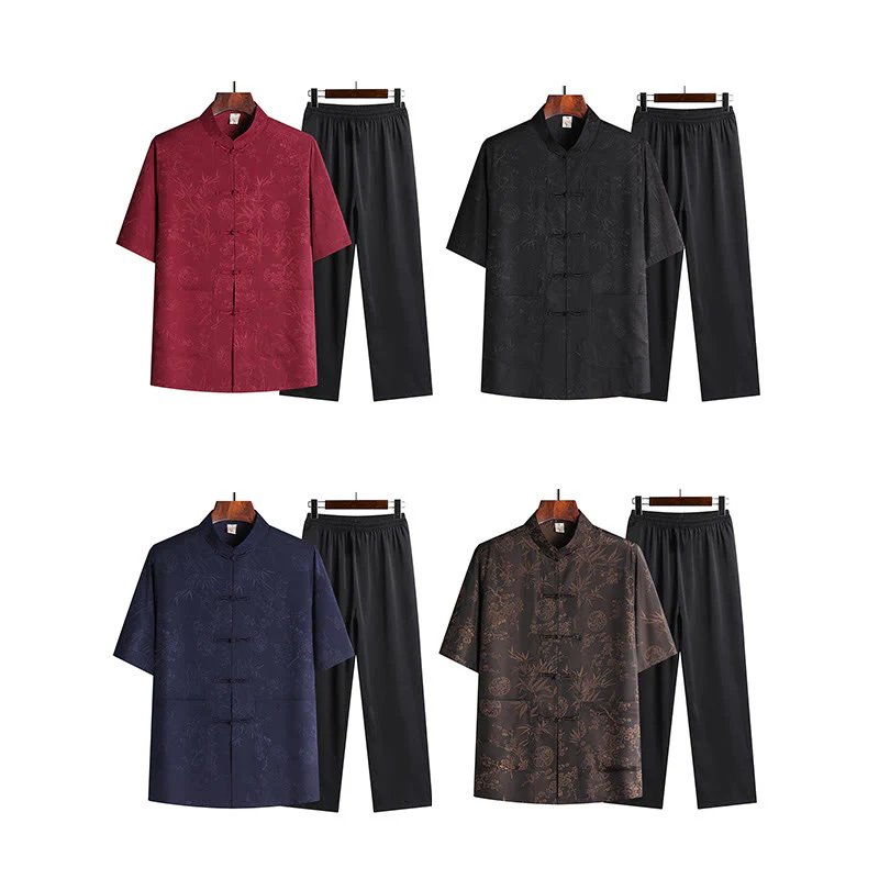 Buddha Stones Bambù Fiore di pesco Tang Suit Hanfu Tradizionale Uniforme Manica Corta Top Pantaloni Abbigliamento Uomo Set - Image 14