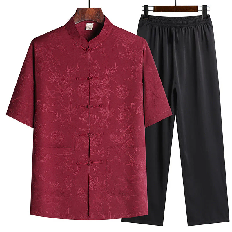 Buddha Stones Bambù Fiore di pesco Tang Suit Hanfu Tradizionale Uniforme Manica Corta Top Pantaloni Abbigliamento Uomo Set - Image 2
