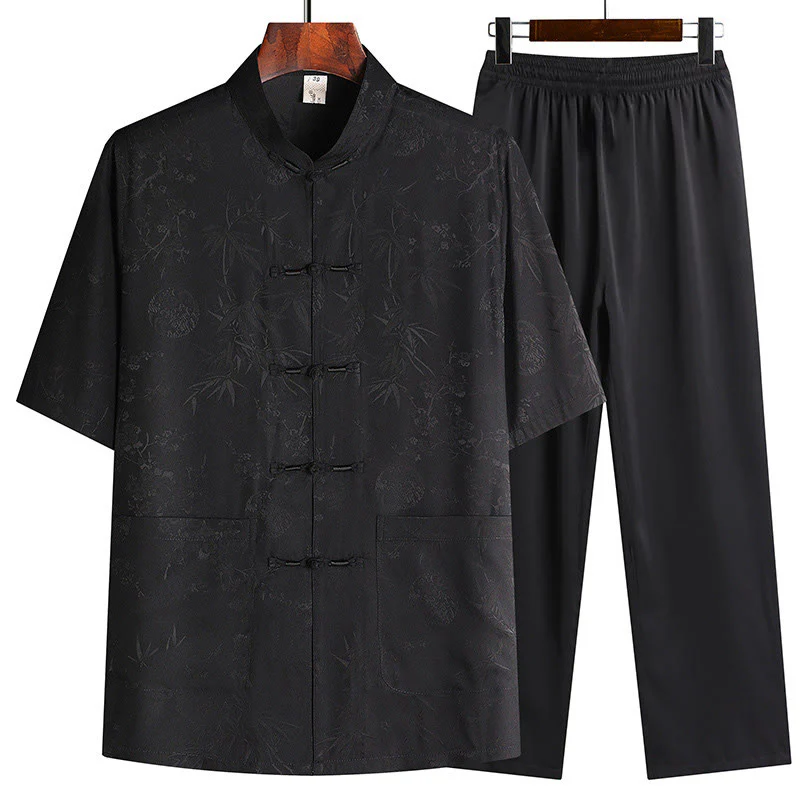 Buddha Stones Bambù Fiore di pesco Tang Suit Hanfu Tradizionale Uniforme Manica Corta Top Pantaloni Abbigliamento Uomo Set - Image 3