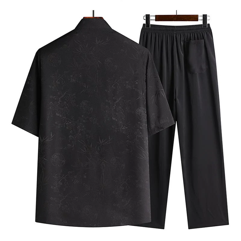 Buddha Stones Bambù Fiore di pesco Tang Suit Hanfu Tradizionale Uniforme Manica Corta Top Pantaloni Abbigliamento Uomo Set - Image 4