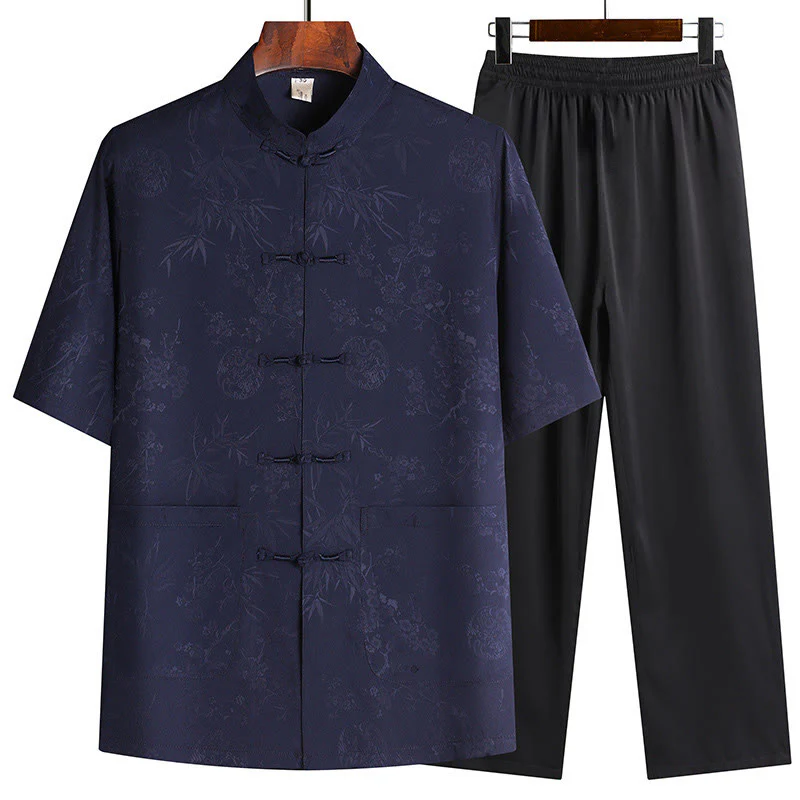 Buddha Stones Bambù Fiore di pesco Tang Suit Hanfu Tradizionale Uniforme Manica Corta Top Pantaloni Abbigliamento Uomo Set - Image 5