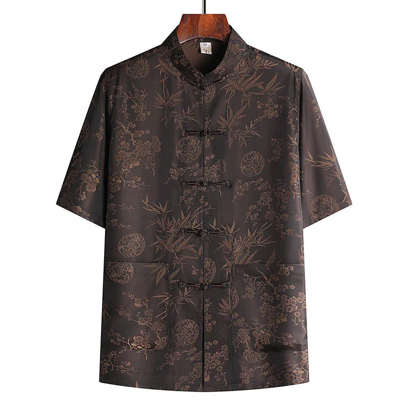 Buddha Stones Bambù Fiore di pesco Tang Suit Hanfu Tradizionale Uniforme Manica Corta Top Pantaloni Abbigliamento Uomo Set - Image 6
