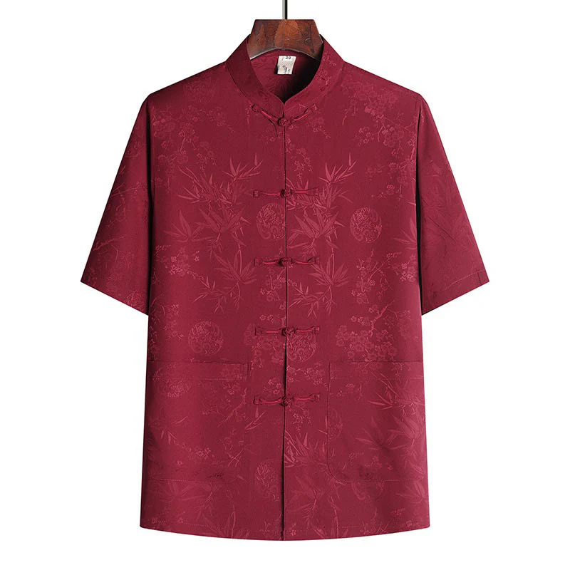 Buddha Stones Bambù Fiore di pesco Tang Suit Hanfu Tradizionale Uniforme Manica Corta Top Pantaloni Abbigliamento Uomo Set - Image 7