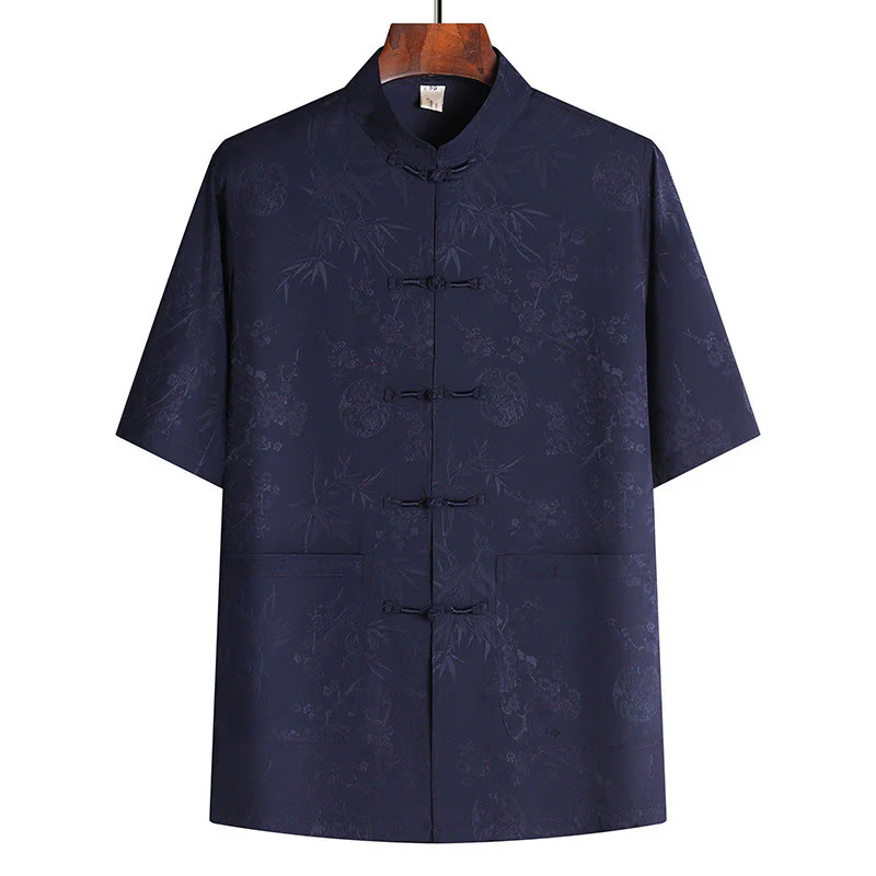 Buddha Stones Bambù Fiore di pesco Tang Suit Hanfu Tradizionale Uniforme Manica Corta Top Pantaloni Abbigliamento Uomo Set - Image 8