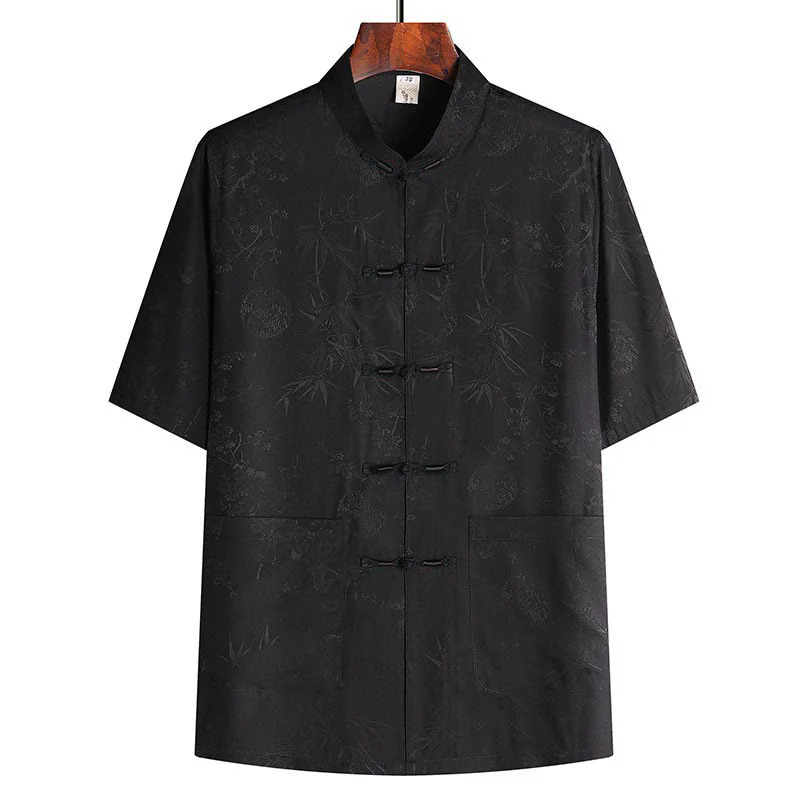 Buddha Stones Bambù Fiore di pesco Tang Suit Hanfu Tradizionale Uniforme Manica Corta Top Pantaloni Abbigliamento Uomo Set - Image 9