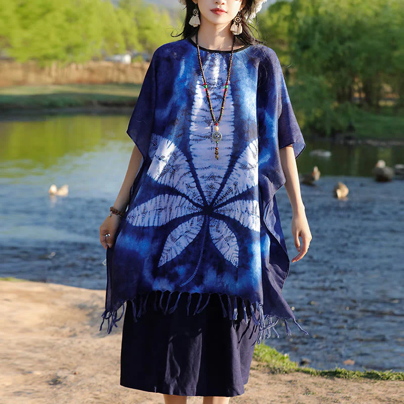 Buddha Stones Blu Batik Scialle Nappe Foglia d'acero Comodo Pullover da viaggio 95*90cm - Image 10