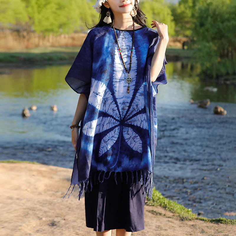 Buddha Stones Blu Batik Scialle Nappe Foglia d'acero Comodo Pullover da viaggio 95*90cm - Image 3