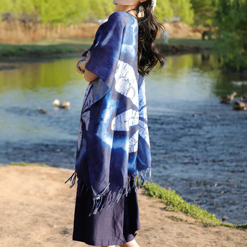 Buddha Stones Blu Batik Scialle Nappe Foglia d'acero Comodo Pullover da viaggio 95*90cm - Image 5