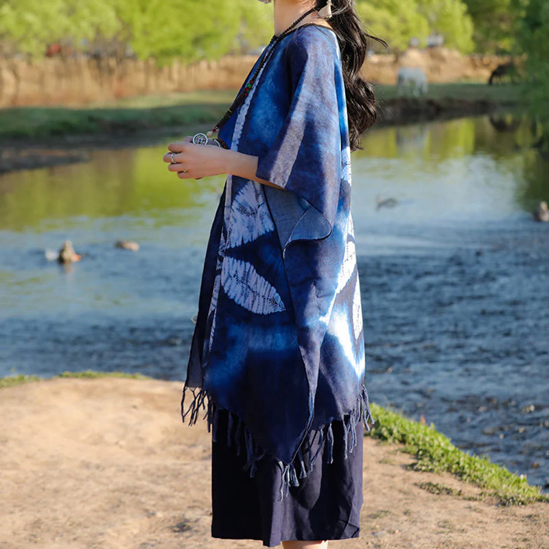 Buddha Stones Blu Batik Scialle Nappe Foglia d'acero Comodo Pullover da viaggio 95*90cm - Image 6