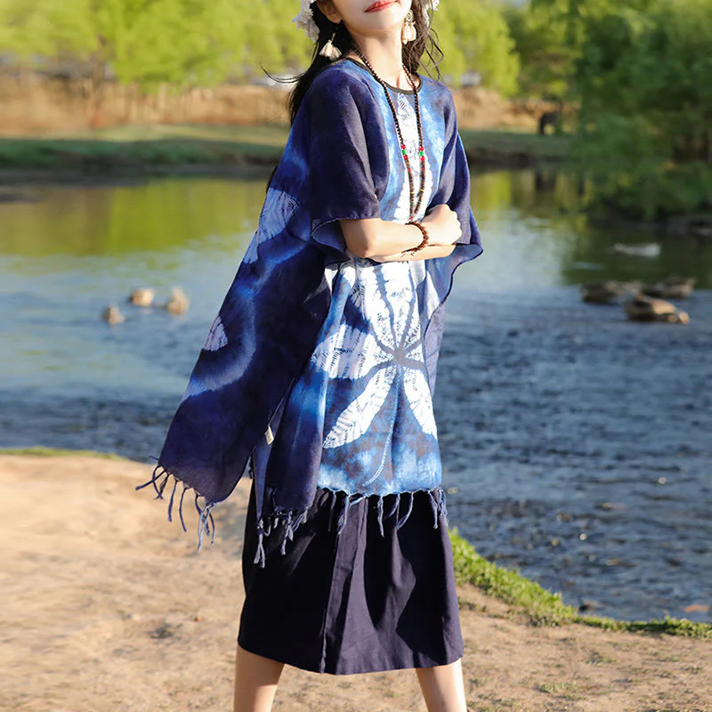 Buddha Stones Blu Batik Scialle Nappe Foglia d'acero Comodo Pullover da viaggio 95*90cm - Image 7
