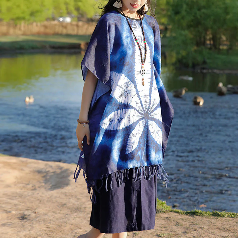 Buddha Stones Blu Batik Scialle Nappe Foglia d'acero Comodo Pullover da viaggio 95*90cm - Image 8
