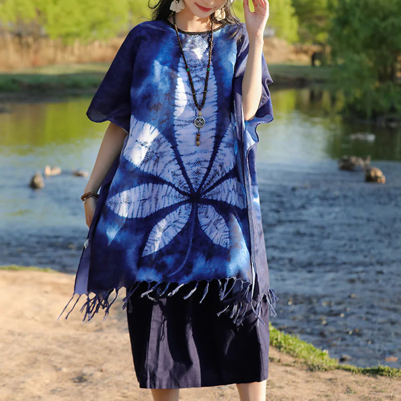 Buddha Stones Blu Batik Scialle Nappe Foglia d'acero Comodo Pullover da viaggio 95*90cm - Image 9