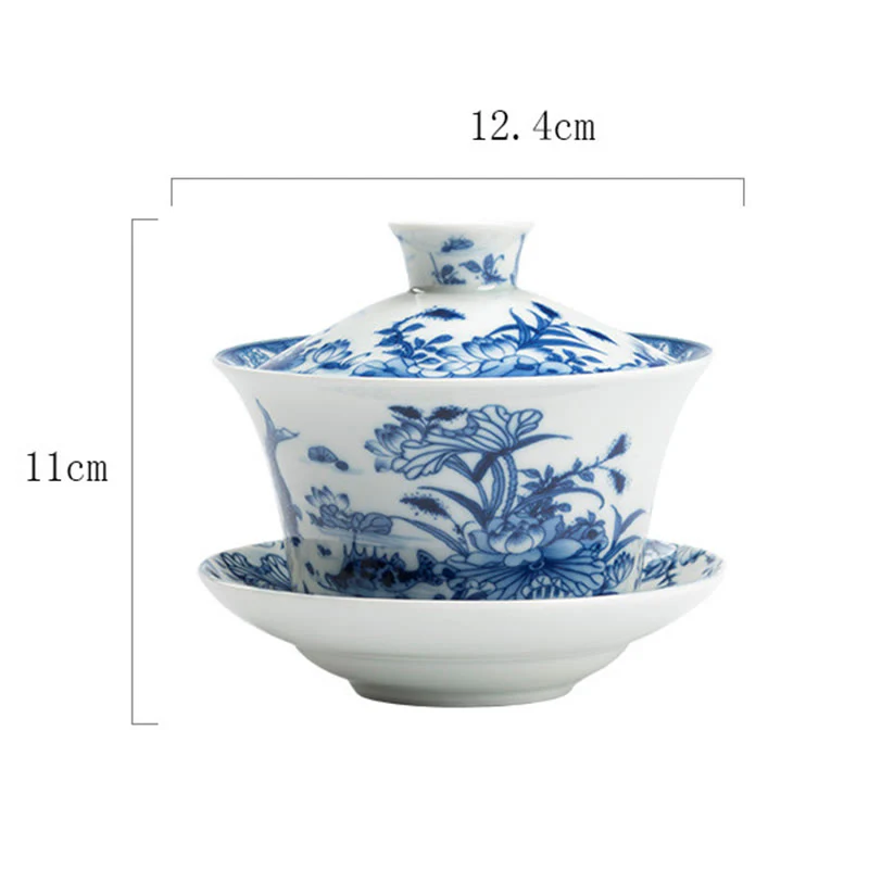 Buddha Stones Blu e Bianco Porcellana Loto Koi Pesce Danza del Leone Anguria Ceramica Gaiwan Sancai Tazza da Tè Kung Fu Tazza da Tè e Piattino con Coperchio 300ml - Image 10