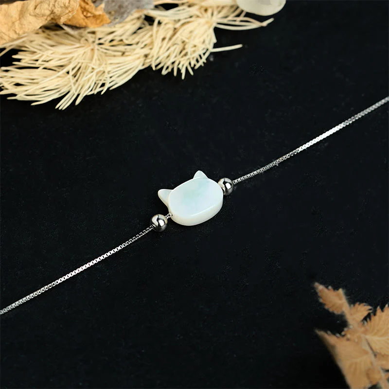 Buddha Stones Bracciale a catena con testa di gatto in argento sterling 925 con pietra tridacna - Image 10