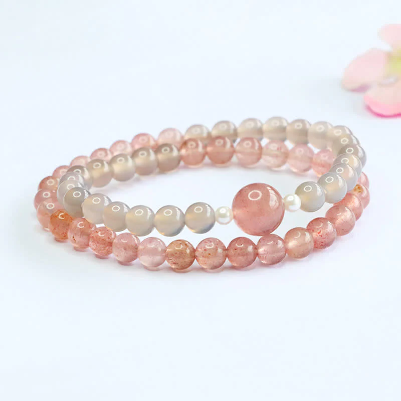 Buddha Stones Bracciale a doppio giro con quarzo fragola e agata grigia, positivo - Image 3