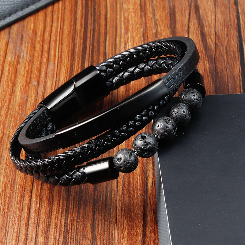 Buddha Stones Bracciale con fibbia rinforzata in pelle, titanio, acciaio e pietra lavica - Image 3