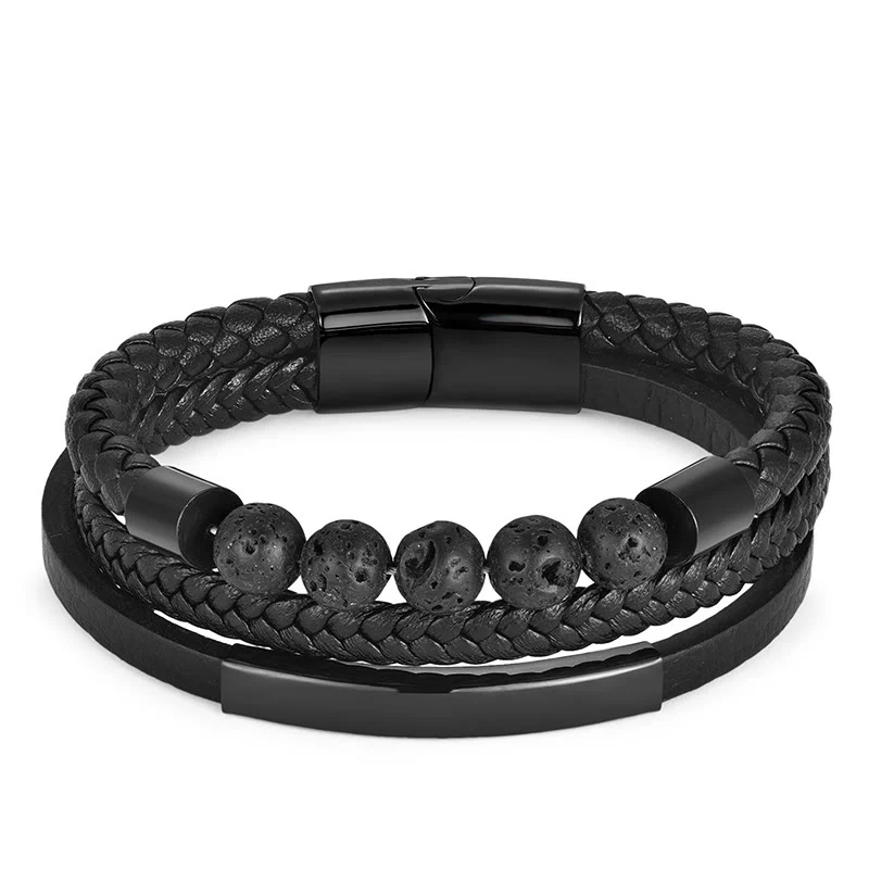 Buddha Stones Bracciale con fibbia rinforzata in pelle, titanio, acciaio e pietra lavica - Image 4