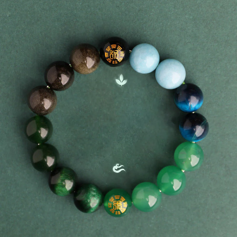 Buddha Stones Bracciale della saggezza con cinque elementi, vari cristalli di agata, onice nero, calcedonio verde, acquamarina - Image 17