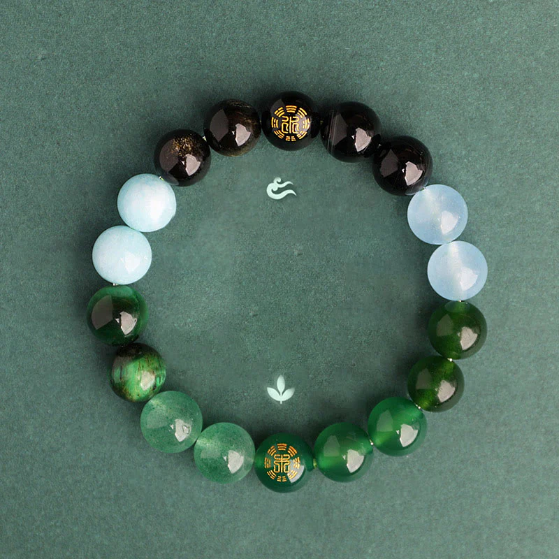 Buddha Stones Bracciale della saggezza con cinque elementi, vari cristalli di agata, onice nero, calcedonio verde, acquamarina - Image 2