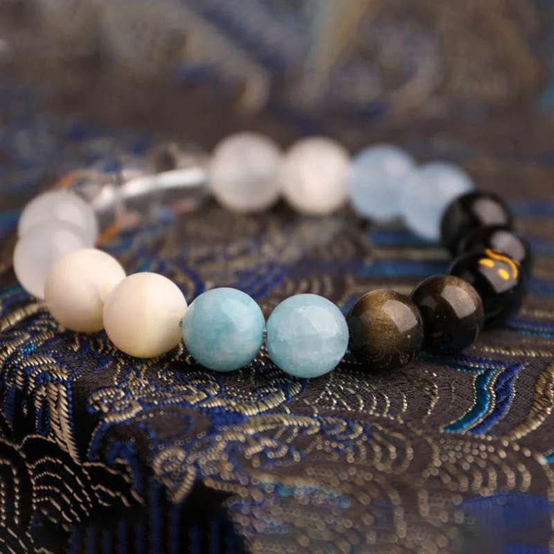 Buddha Stones Bracciale della saggezza con cinque elementi, vari cristalli di agata, onice nero, calcedonio verde, acquamarina - Image 27